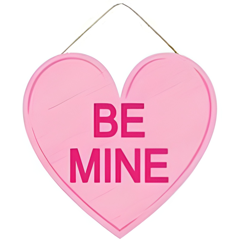Wooden sign shaped like a heart with candy-themed text reading 'Candy Hearts' in pink and white.