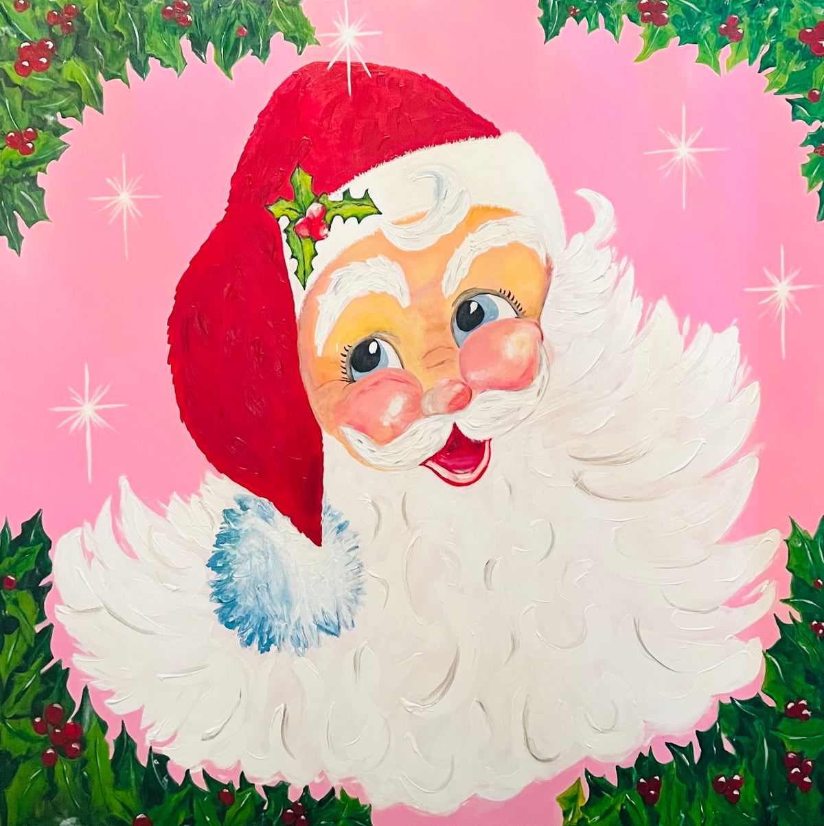 A vintage-style painting of Santa Claus with a pink background, surrounded by holly and berries.