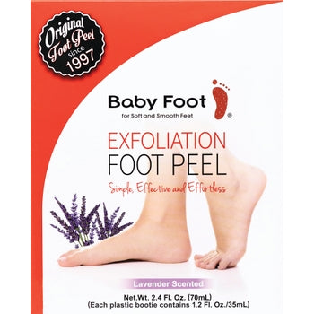 Original Exfoliation Foot Peel bottle with lavender scent containing fruit acid to remove dead skin.