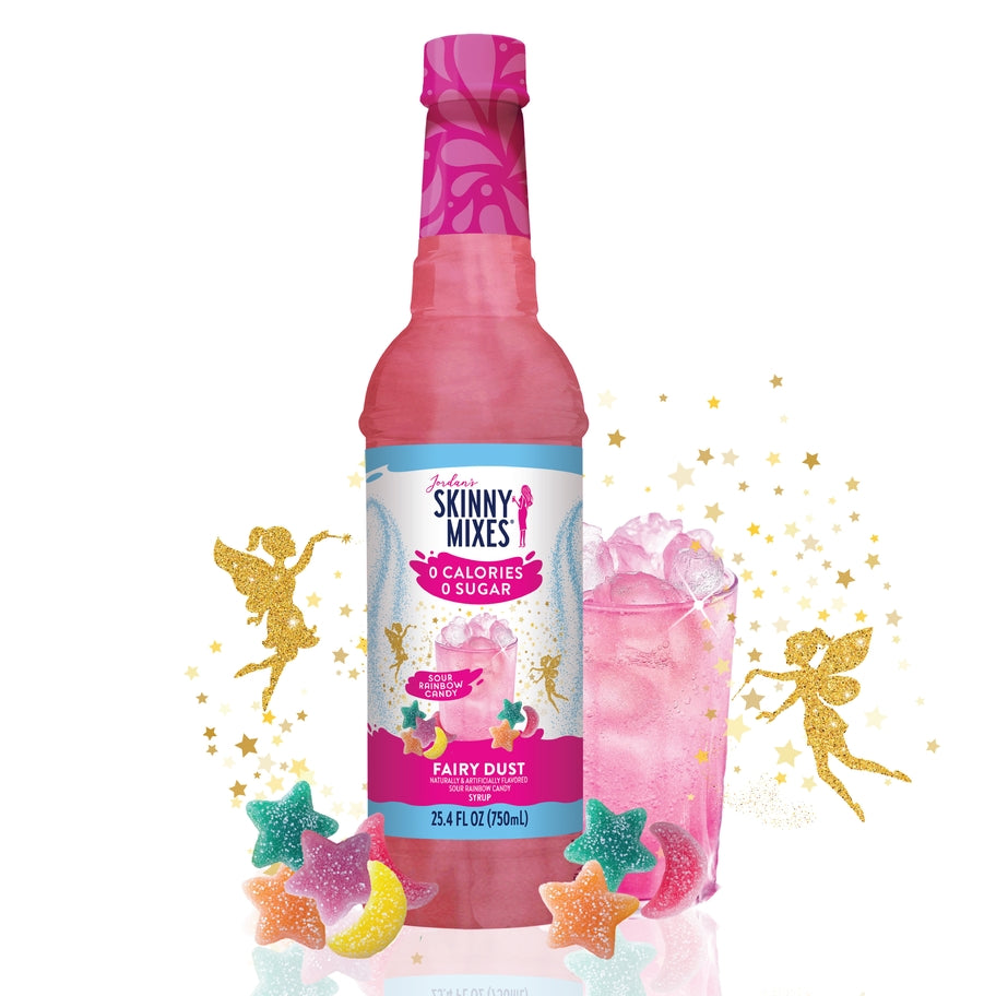 Bottle of sugar-free raspberry syrup with a white label against a neutral background.