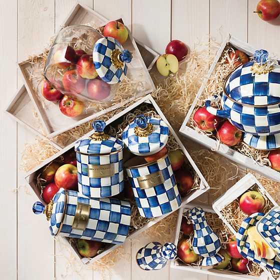 Glass cookie jar with hand-painted Royal Check enamel lid featuring brass accents