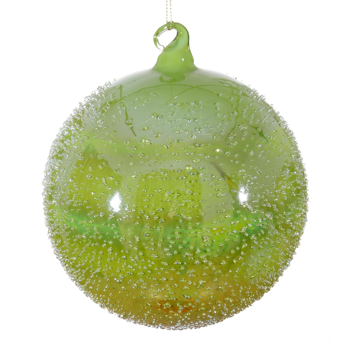 150mm green glass ball ornament with a textured, micro-beaded surface and a glass hanging loop.