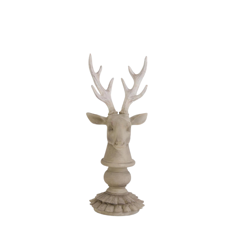 Cream and taupe resin deer bust with a wood-look finish on a scalloped pedestal base.