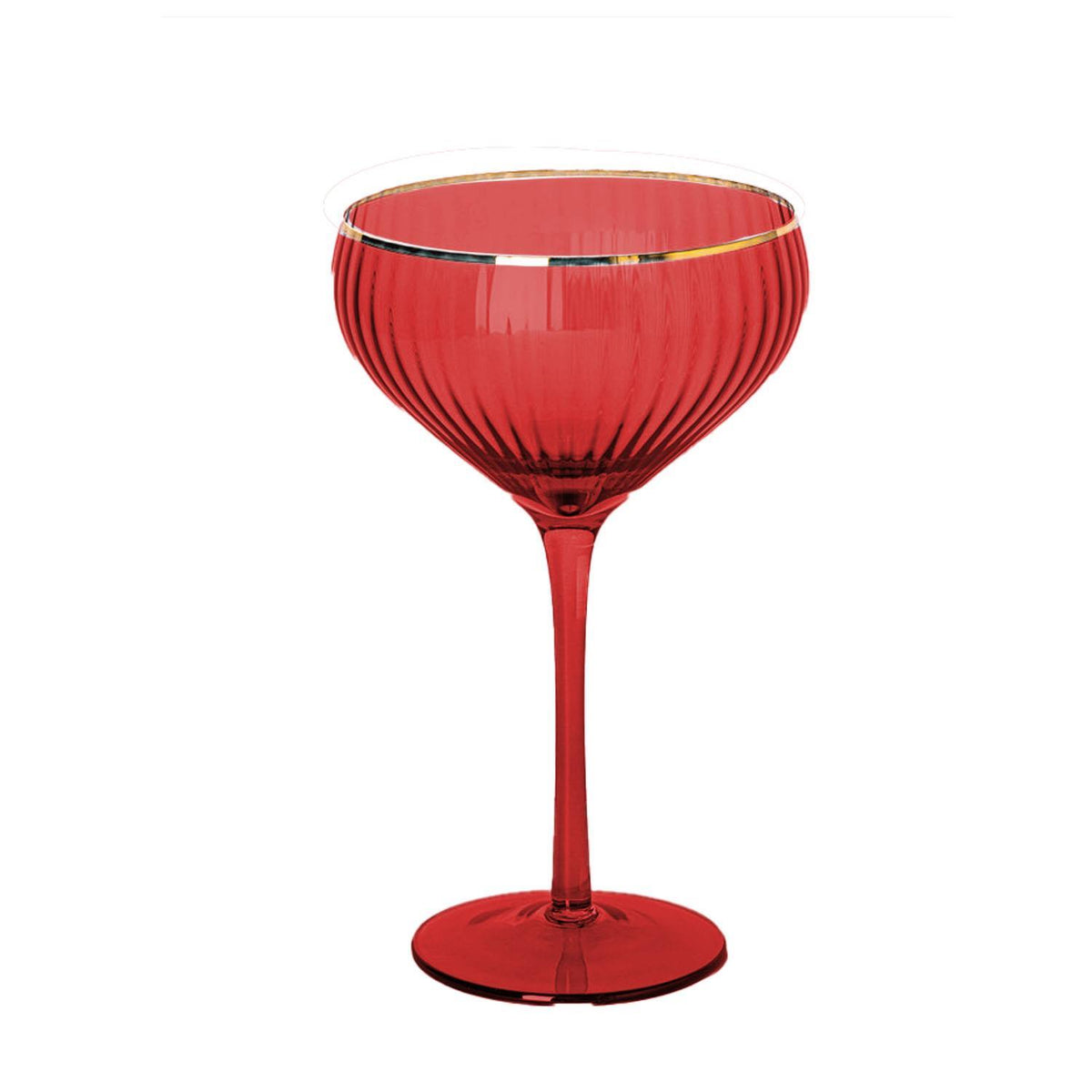 Red ribbed glass coupe with a gold rim and tall stem.