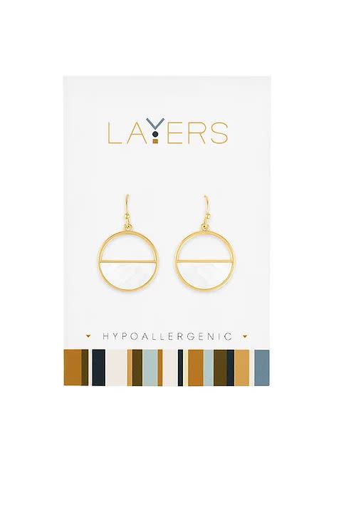 Gold Half Stone Circle Dangle Layers Earrings on a white hypoallergenic display card.