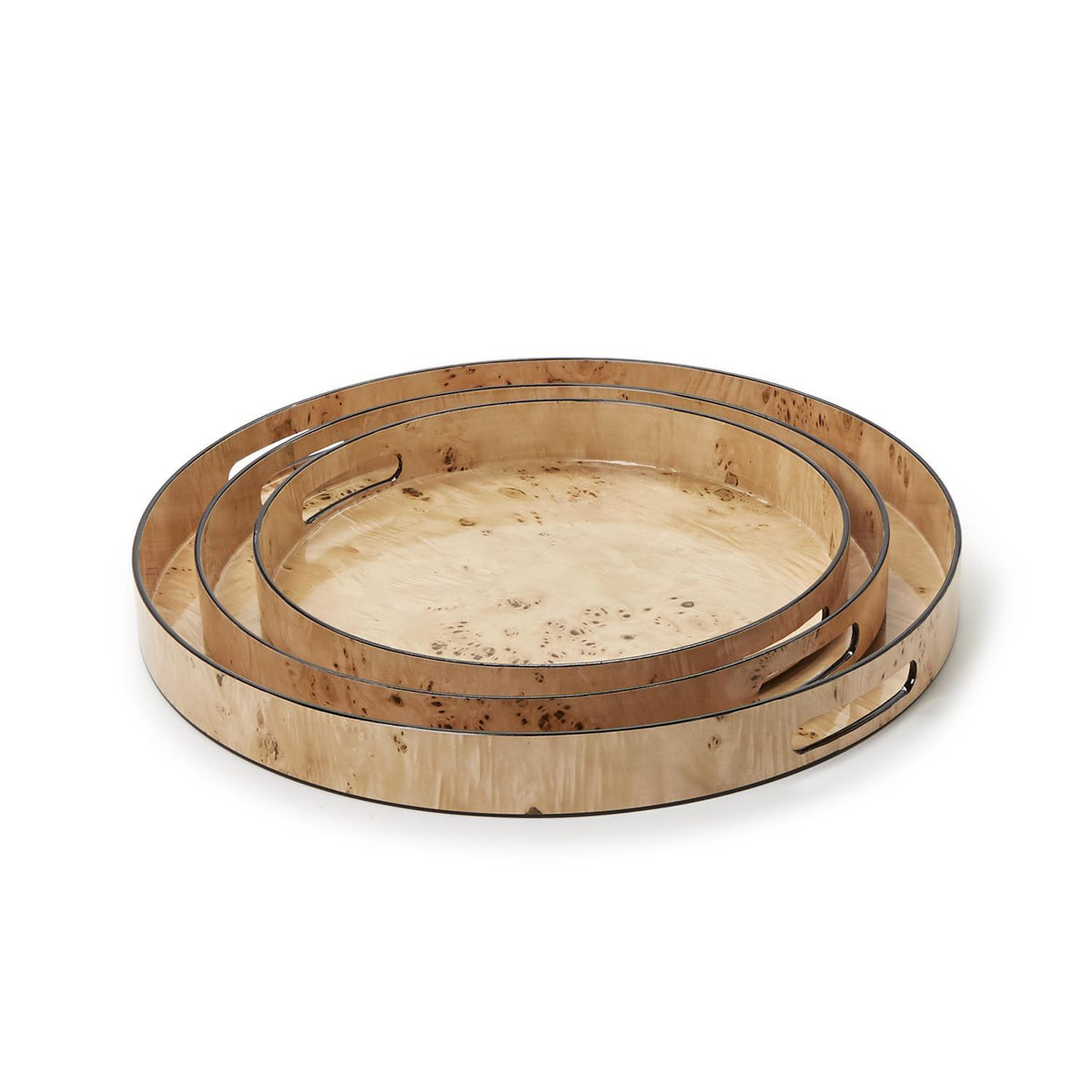 Set of three round trays with a light brown burled wood pattern and built-in handles.