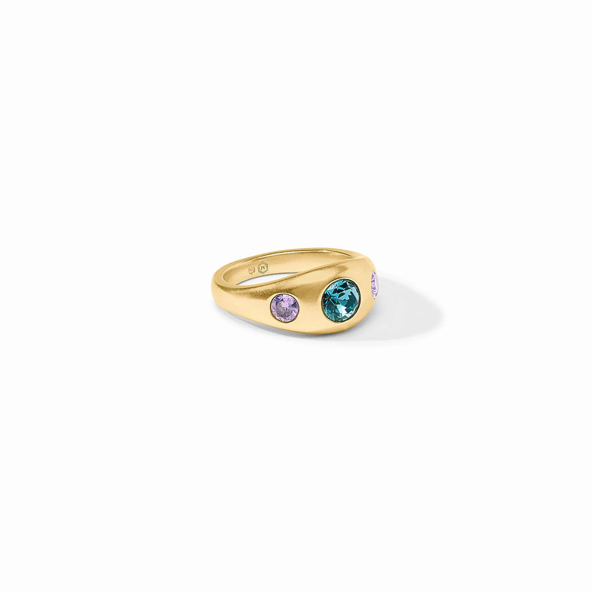 Rainbow signet ring with a multicolored enamel finish on gold-tone metal.