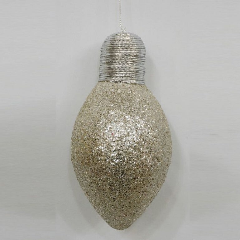 Seven-inch glitter lightbulb ornament with a clear glass shape.