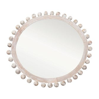 Round whitewashed mango wood framed wall mirror with a natural grain pattern.