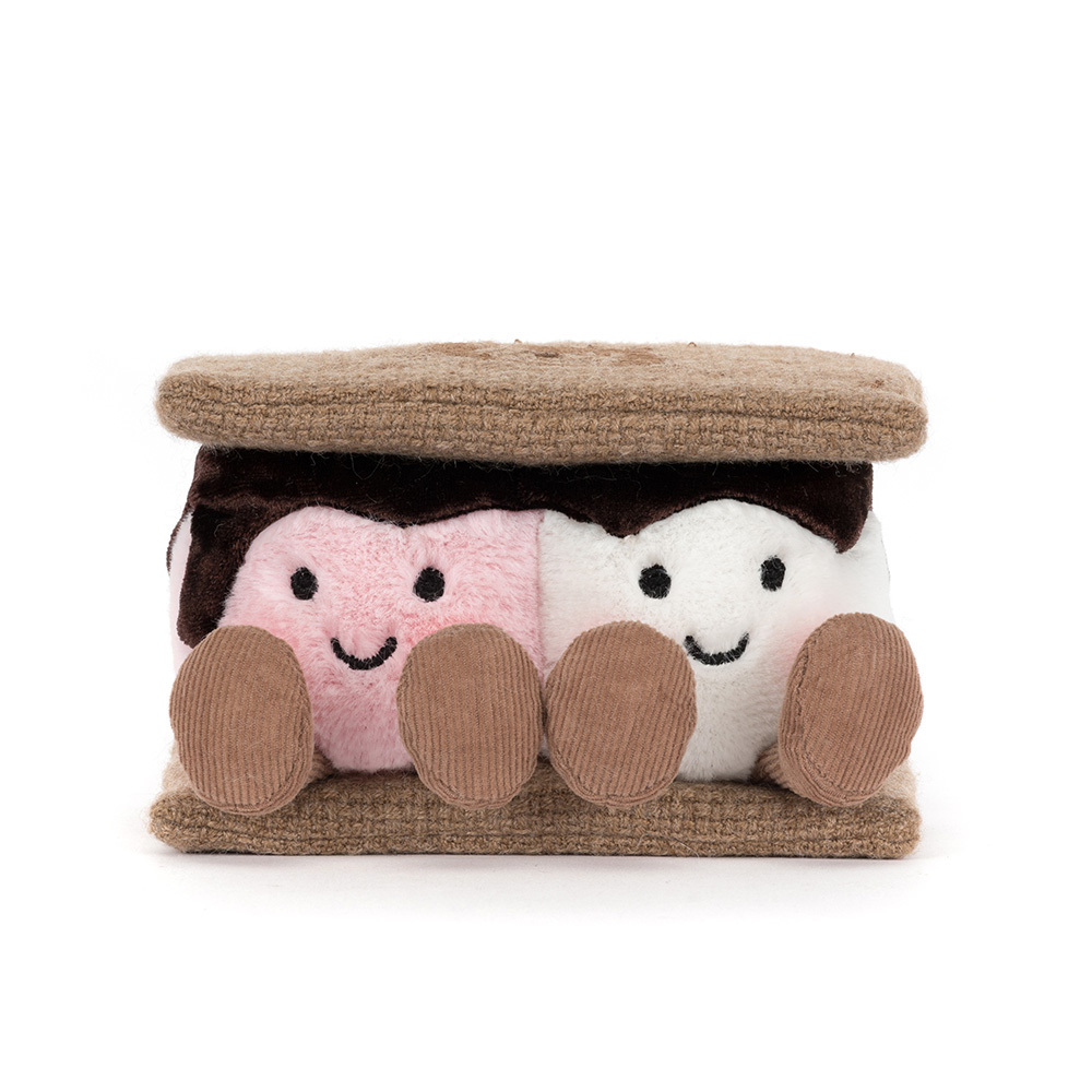 Plush s'more toy with a pink and white marshmallow, chocolate layer, and graham cracker top and bottom