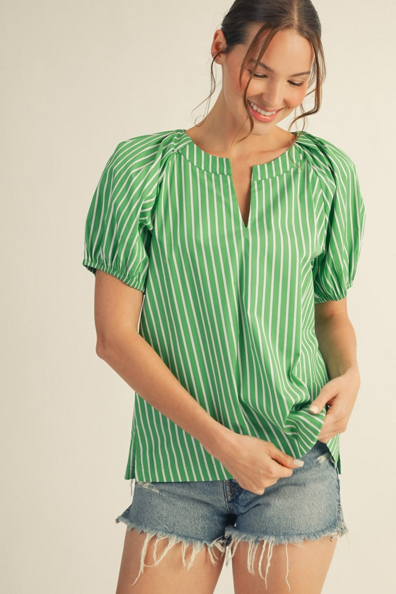 Ella striped peasant top with puff sleeves, shoulder pintuck detail, side slit hem in light blue cotton blend.