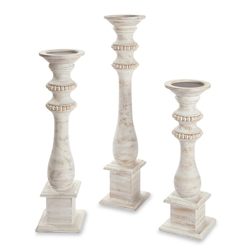 Beaded wood candlestick with natural finish