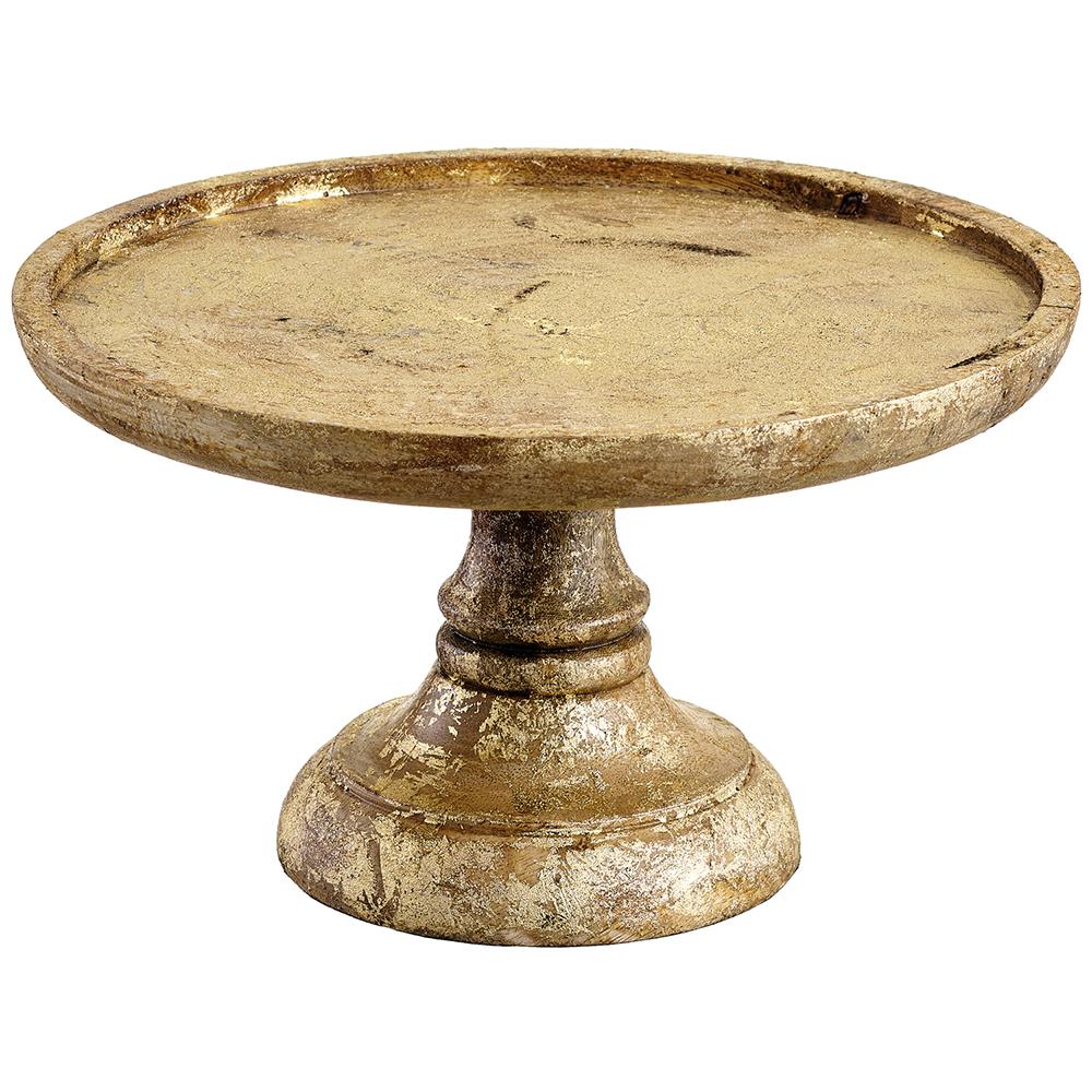 Gold brown mango wood cake stand with a distressed metallic finish and a pedestal base.