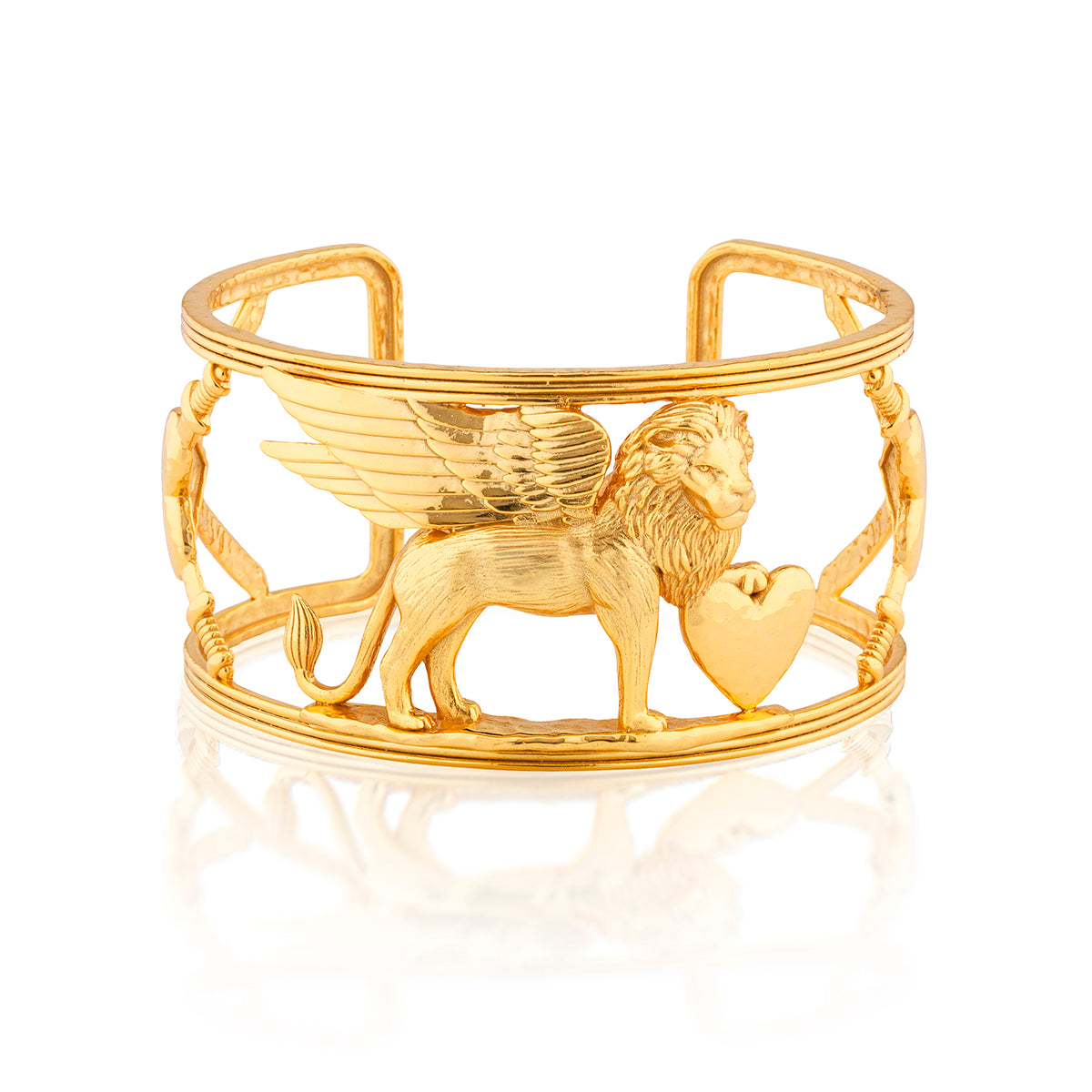 Gold Lionheart Cuff featuring a sculpted winged lion and heart motif in an open multi-band frame.