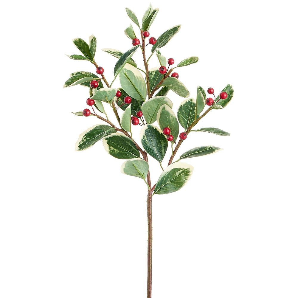 Artificial berry leaf spray with variegated red green foliage on a flexible stem