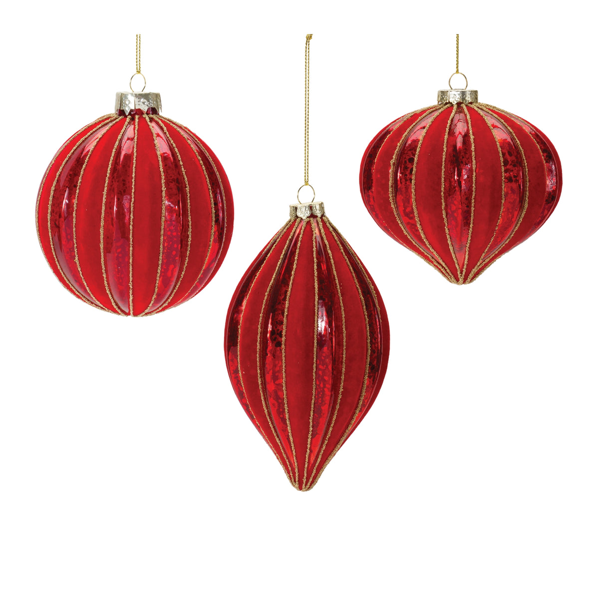 Set of three ribbed red mercury glass ornaments in round, teardrop, and onion shapes with gold trim.