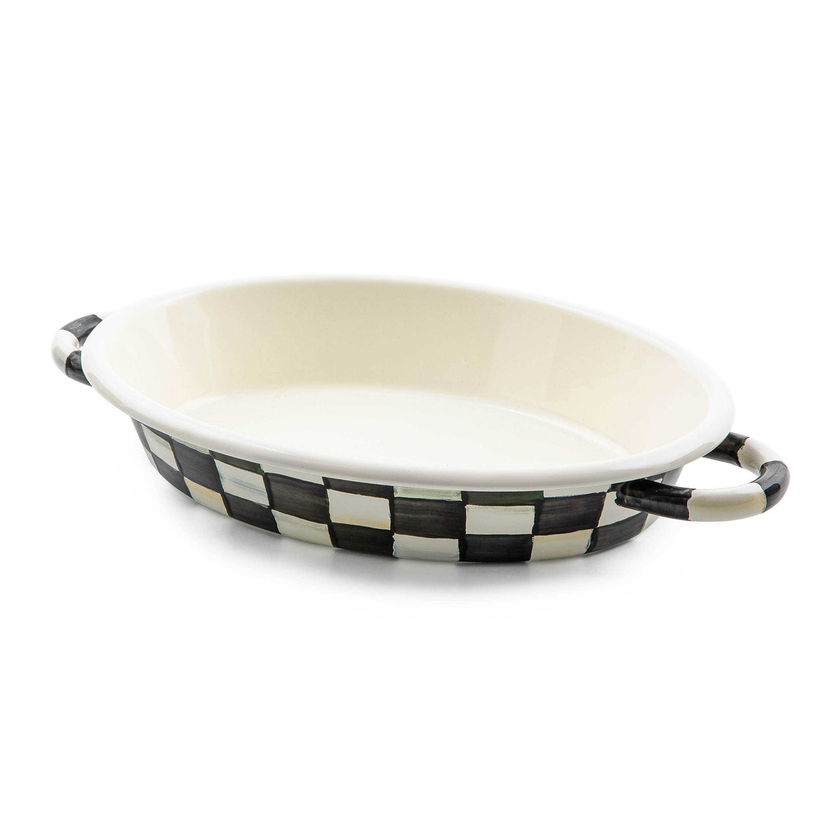 Courtly Check medium oval gratin dish with black and white hand-painted pattern and side handles.