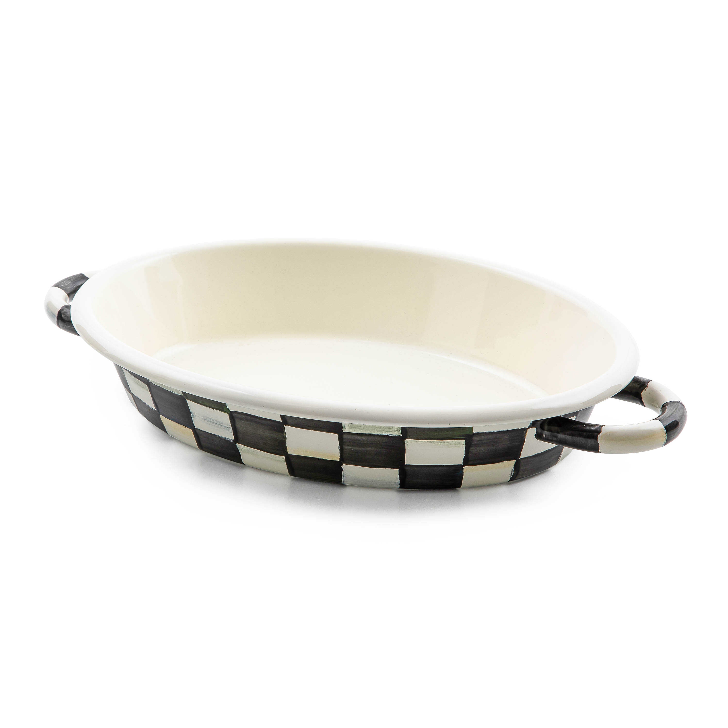 Courtly Check medium oval gratin dish with black and white hand-painted pattern and side handles.
