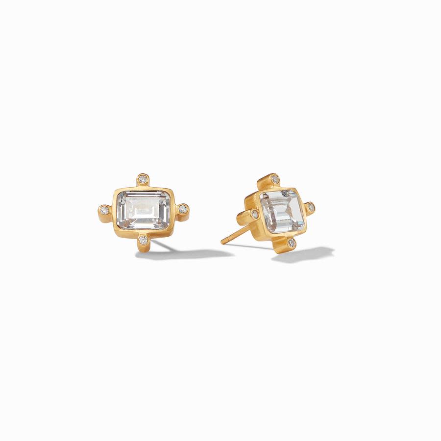 Clara Stud Gold earrings featuring emerald-cut clear glass stones in 24K gold-plated settings.
