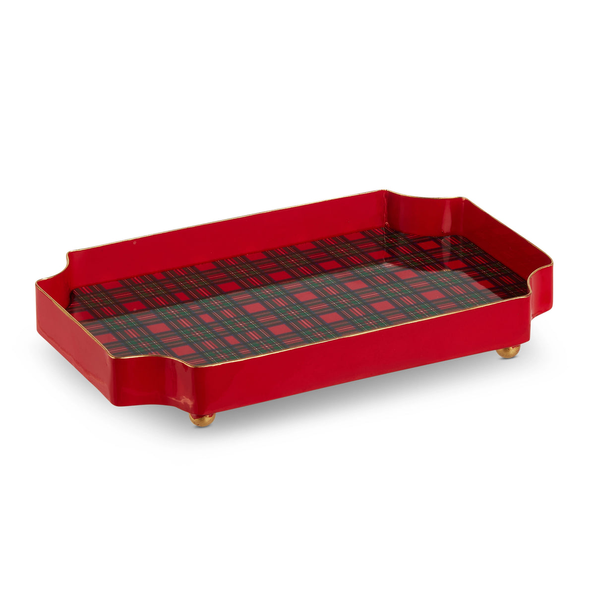 7-inch red iron trinket tray with a tartan plaid interior and gold-tone ball feet.