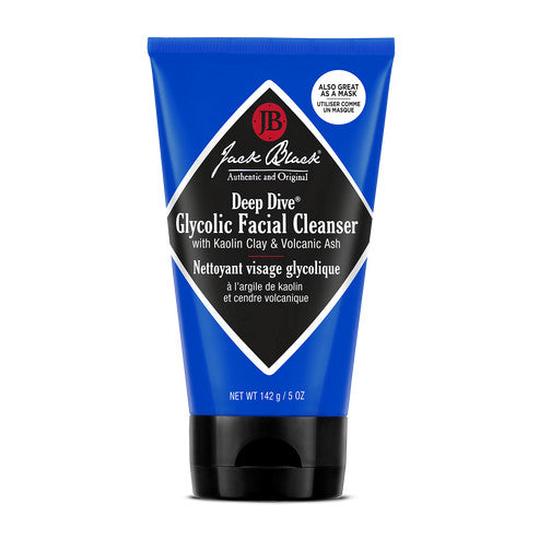 Jack Black Deep Dive Glycolic Facial Cleanser with Kaolin Clay and Volcanic Ash in a 5 oz blue tube.
