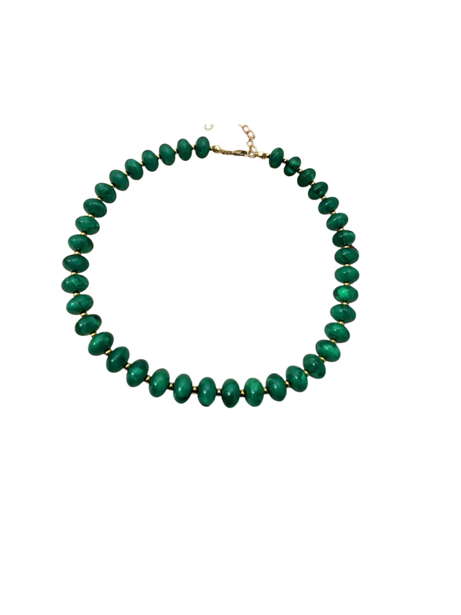 Boho beaded necklace with green marbled round beads and gold-tone spacers.