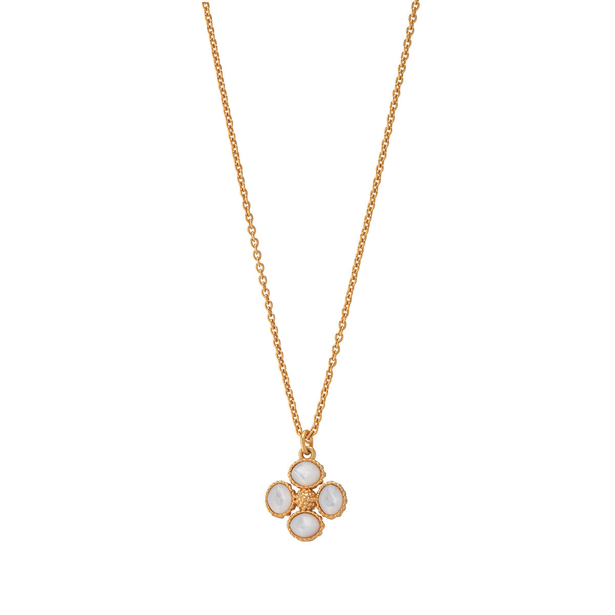 Double-sided charm necklace with berry clover pendant on an 18-inch gold-plated brass chain.