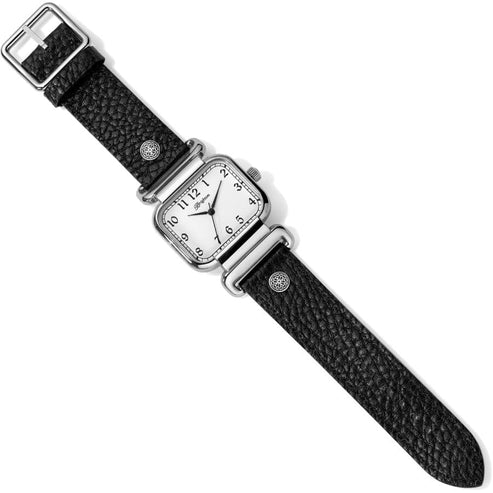 Montecito Reversible Watch with a square white face, silver-plated case, and black leather strap.