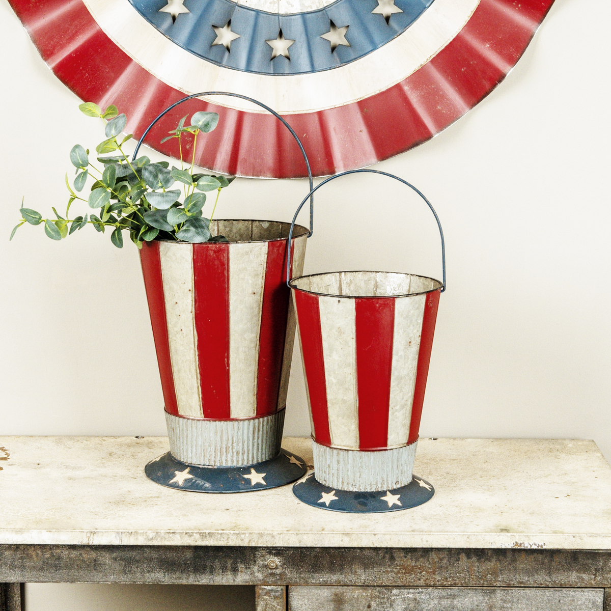 Patriotic bucket hat with red white blue stars stripes fabric