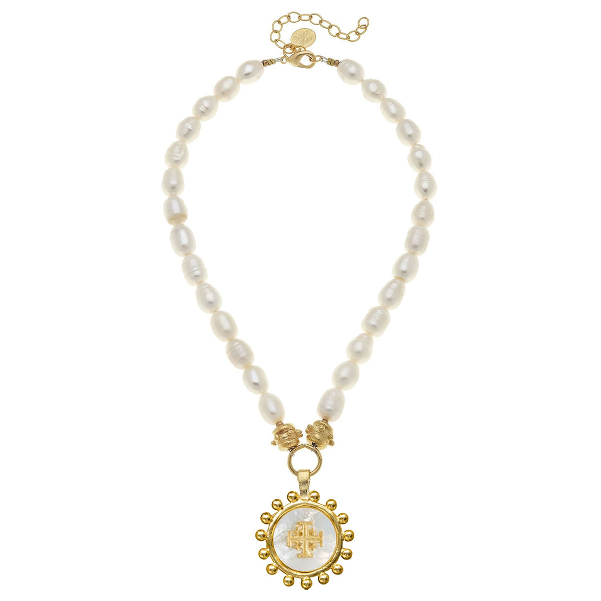 Freshwater pearl necklace with a gold-plated Jerusalem cross pendant on a mother of pearl disc.