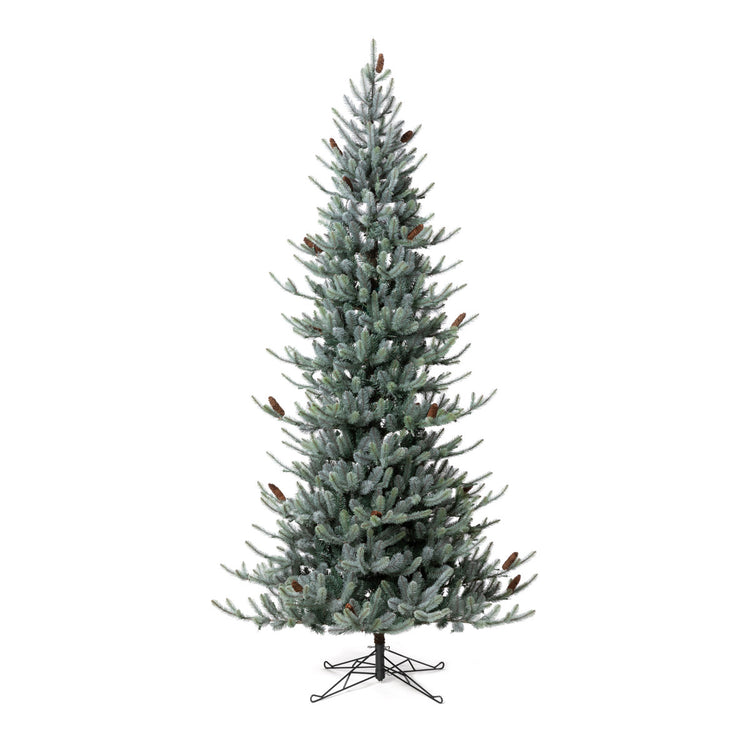 9' Park Hill Slim Line Blue Spruce artificial Christmas tree with pinecones and clear LED lights.