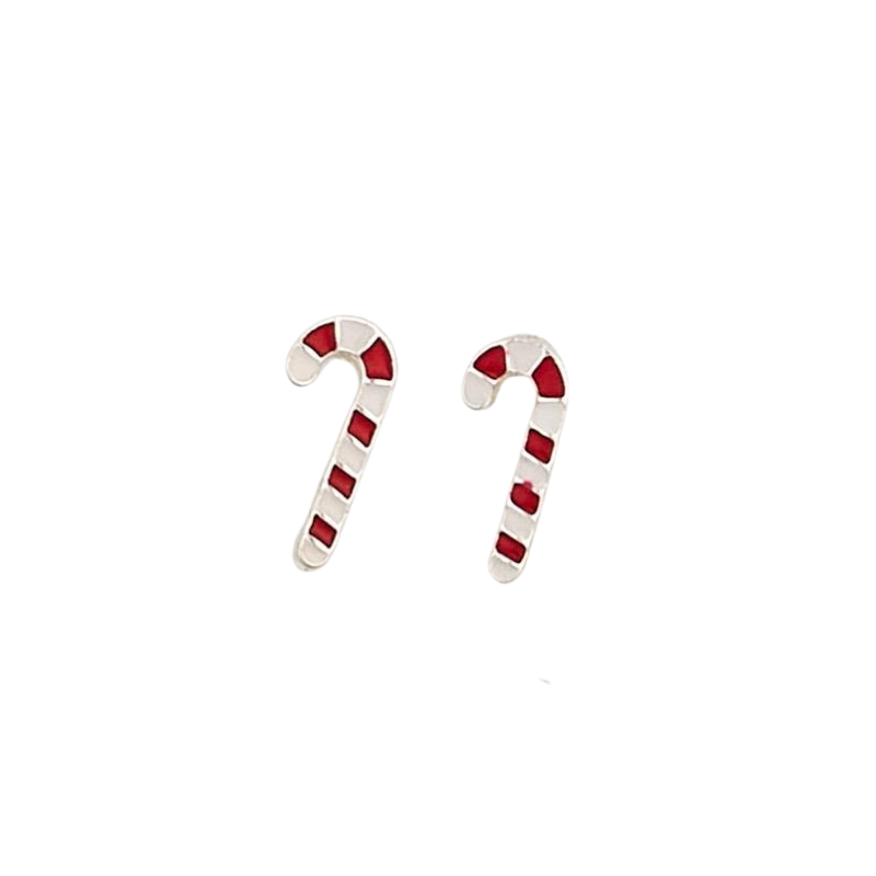 Pair of candy cane enamel stud earrings with red and white stripes and silver-tone outlines.