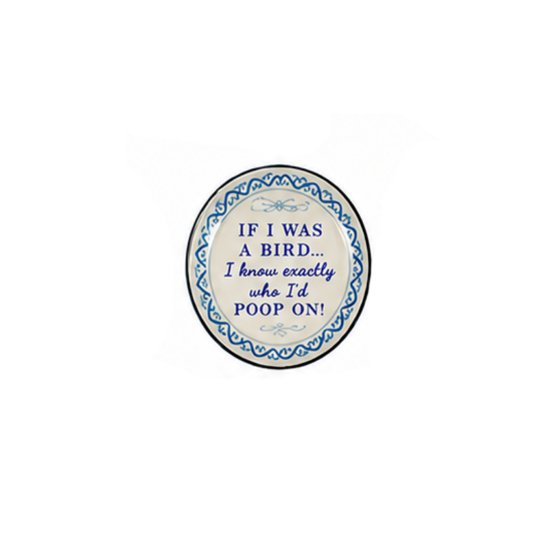 Round stoneware magnet with blue border and text: IF I WAS A BIRD... I know exactly who I'd POOP ON!