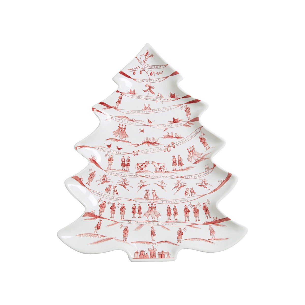 Ceramic Christmas tree-shaped platter in white with red 12 Days of Christmas illustrations.