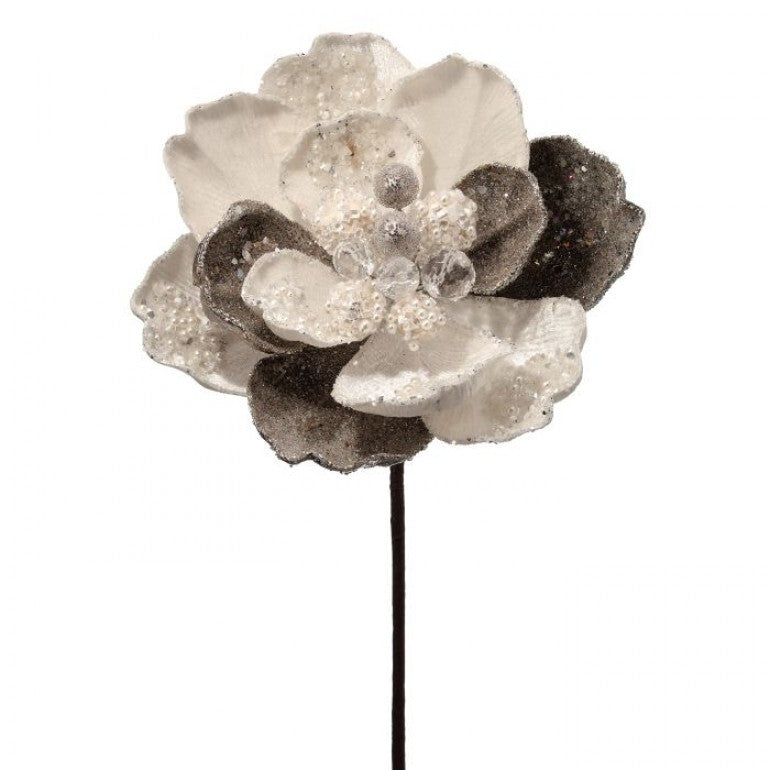 24-inch ivory and platinum magnolia stem with iced petals and jewel-encrusted center.