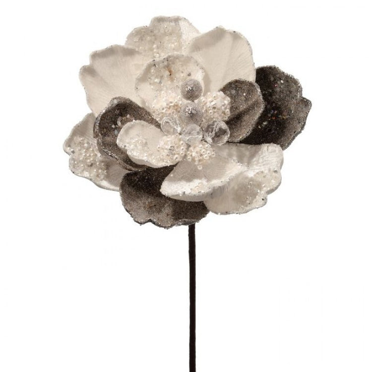 24-inch ivory and platinum magnolia stem with iced petals and jewel-encrusted center.