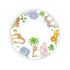 Round white paper plate with a blue border featuring watercolor safari animals and palm trees.