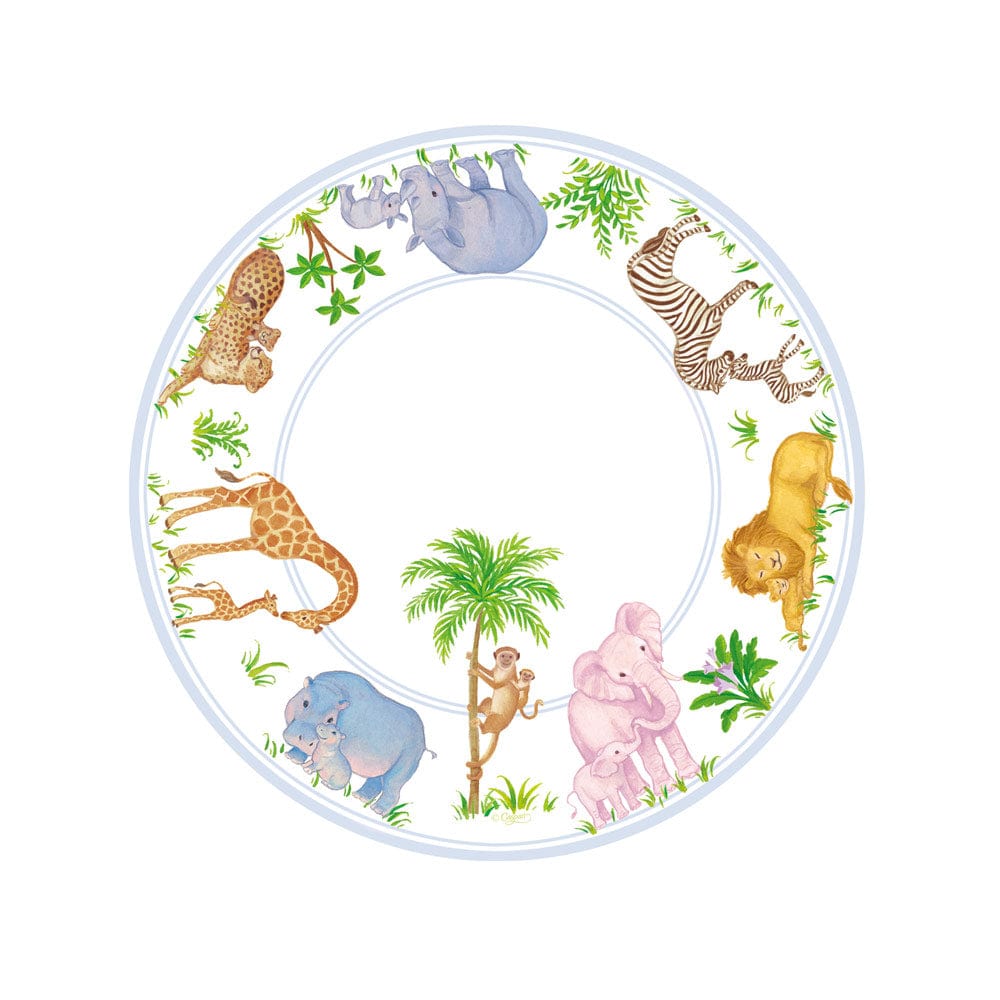 Round white paper plate with a watercolor safari animal border featuring lions, giraffes, and more.