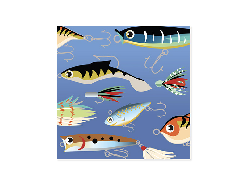 Square fishing lure card with spot UV finish featuring a colorful fish illustration.