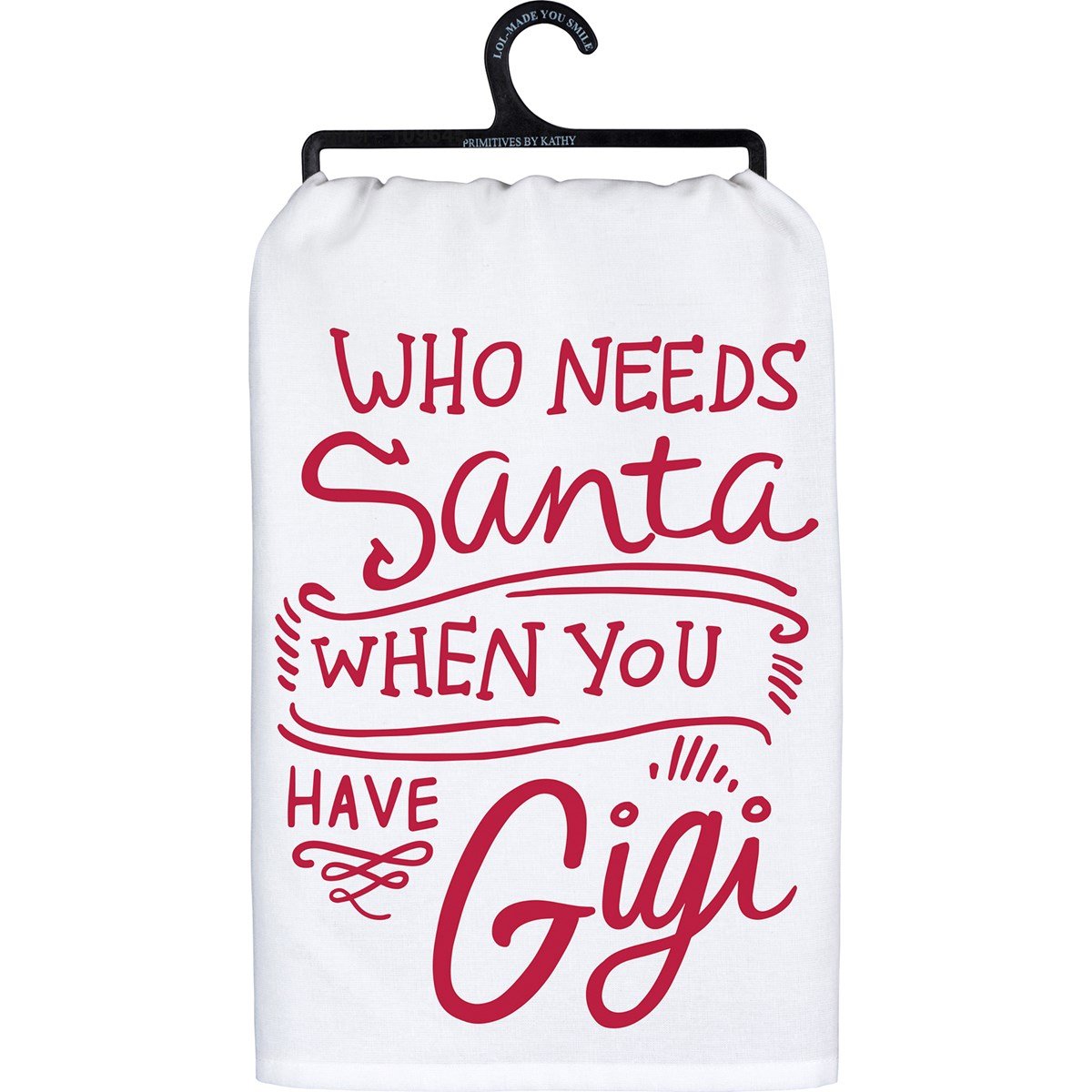 Black cotton kitchen towel with white text reading 'Remember As Far As Anyone Knows We Are A Nice & Normal Family'.