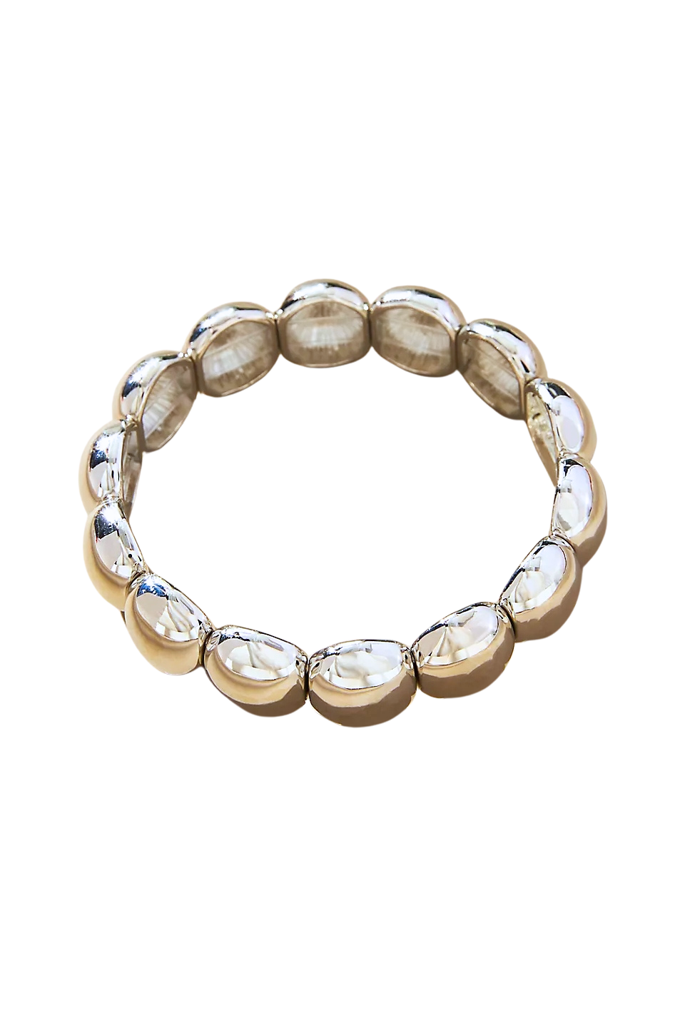 Silver Bubble Stretch Bracelet featuring a circular design of polished, rounded metallic beads.