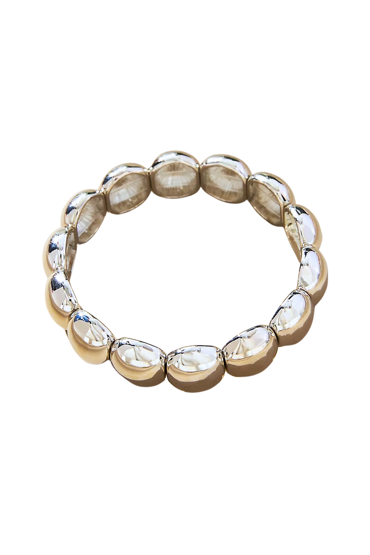 Silver Bubble Stretch Bracelet featuring a circular design of polished, rounded metallic beads.