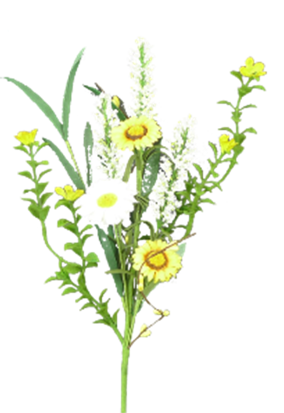 Daisy Cattail Pick floral arrangement with miniature sunflowers, white daisies, yellow cattails, and pips on a wired green paper stem.