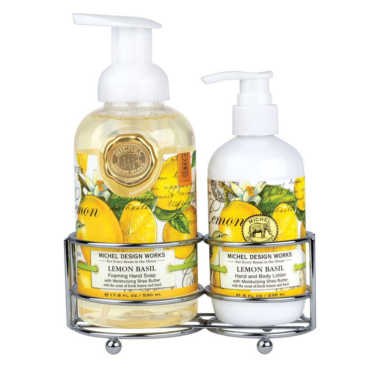 Foaming hand soap dispenser with pump next to a matching lotion bottle on a kitchen counter.