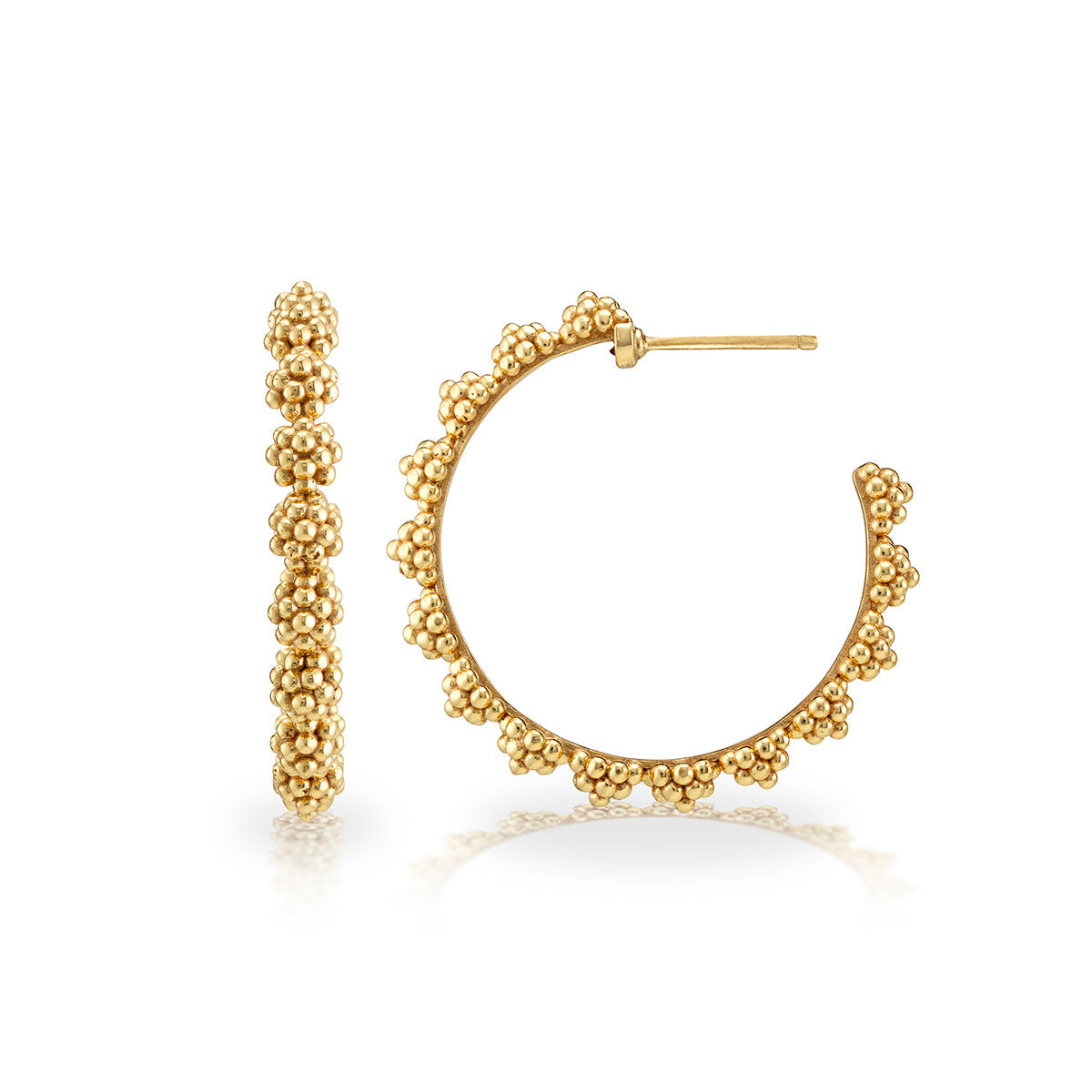 Gold hoop earrings with a berry icon charm on an 18K gold over brass finish.