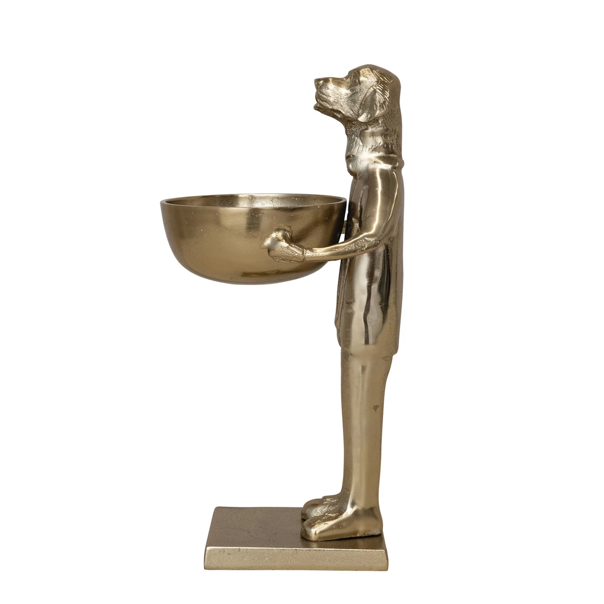 Cast aluminum Labrador holding bowl with a gold finish