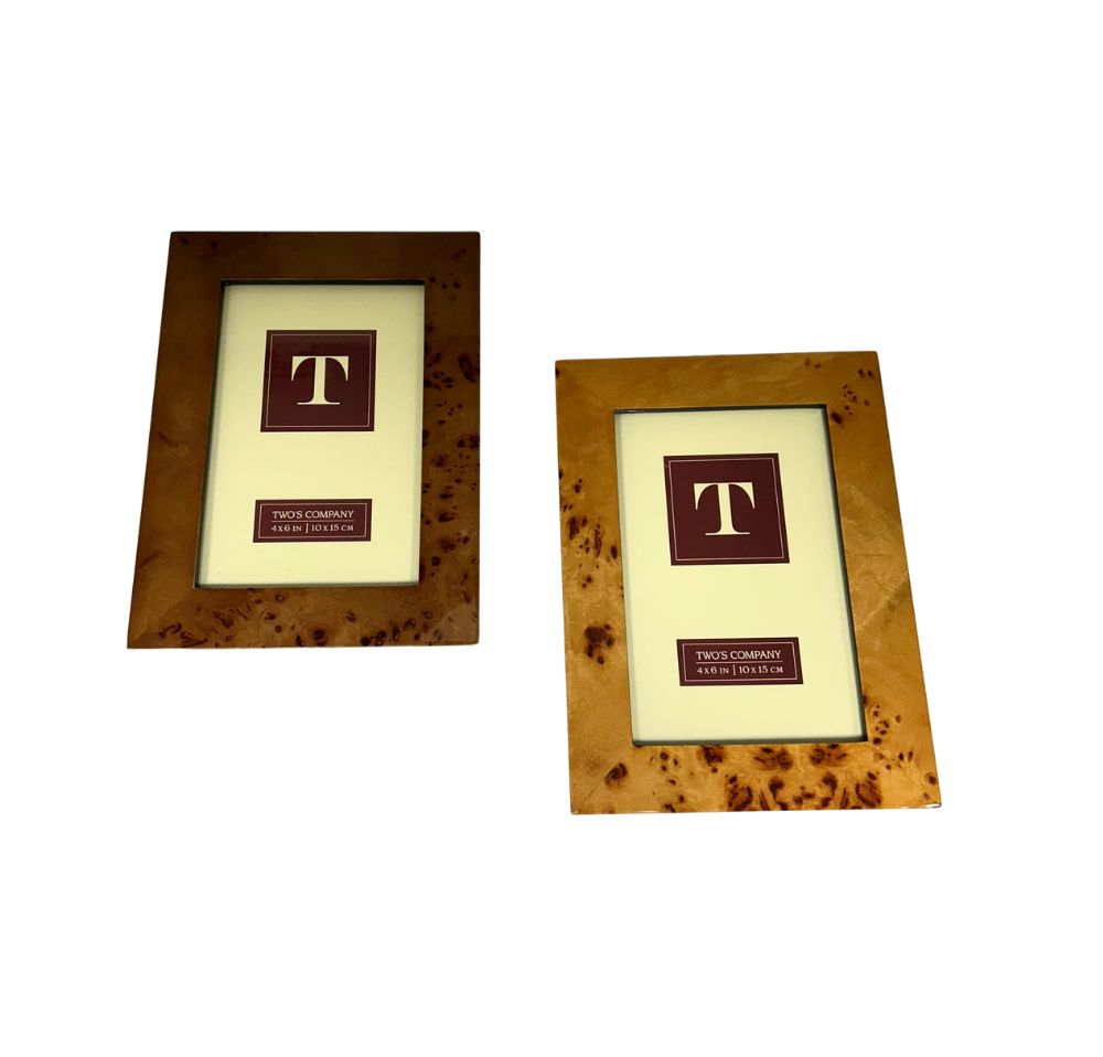 Two burled wood 4x6 photo frames with a high gloss finish and natural grain variations.