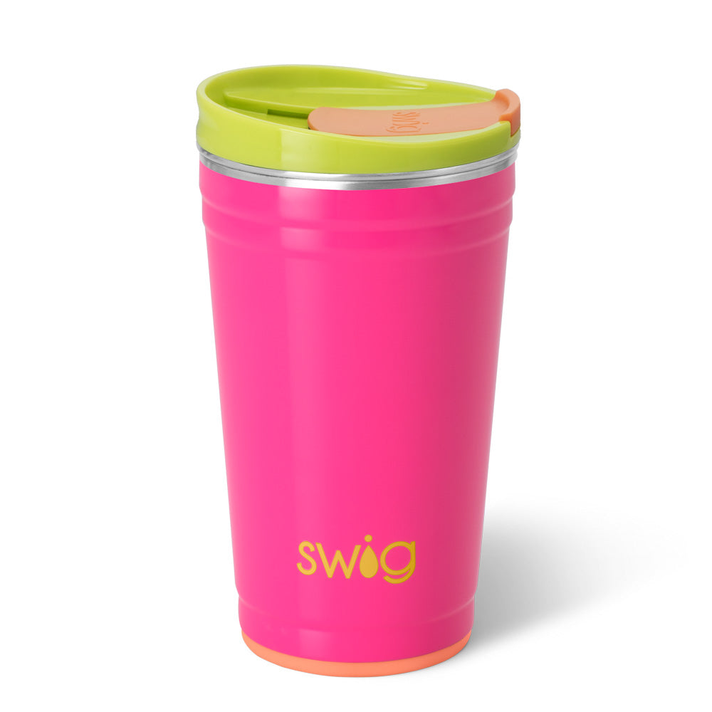 Hot pink 24oz insulated stainless steel party cup with a lime green lid and orange slider.