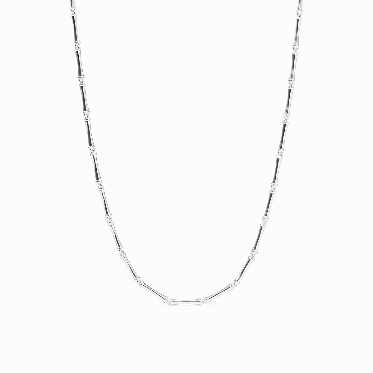 Silver bamboo-style link chain necklace against a white background.