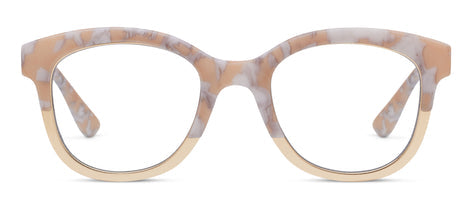 Georgia eyeglasses with soft square frames in earthy tortoise shell pattern featuring metallic detailing and peepers blue light lenses.